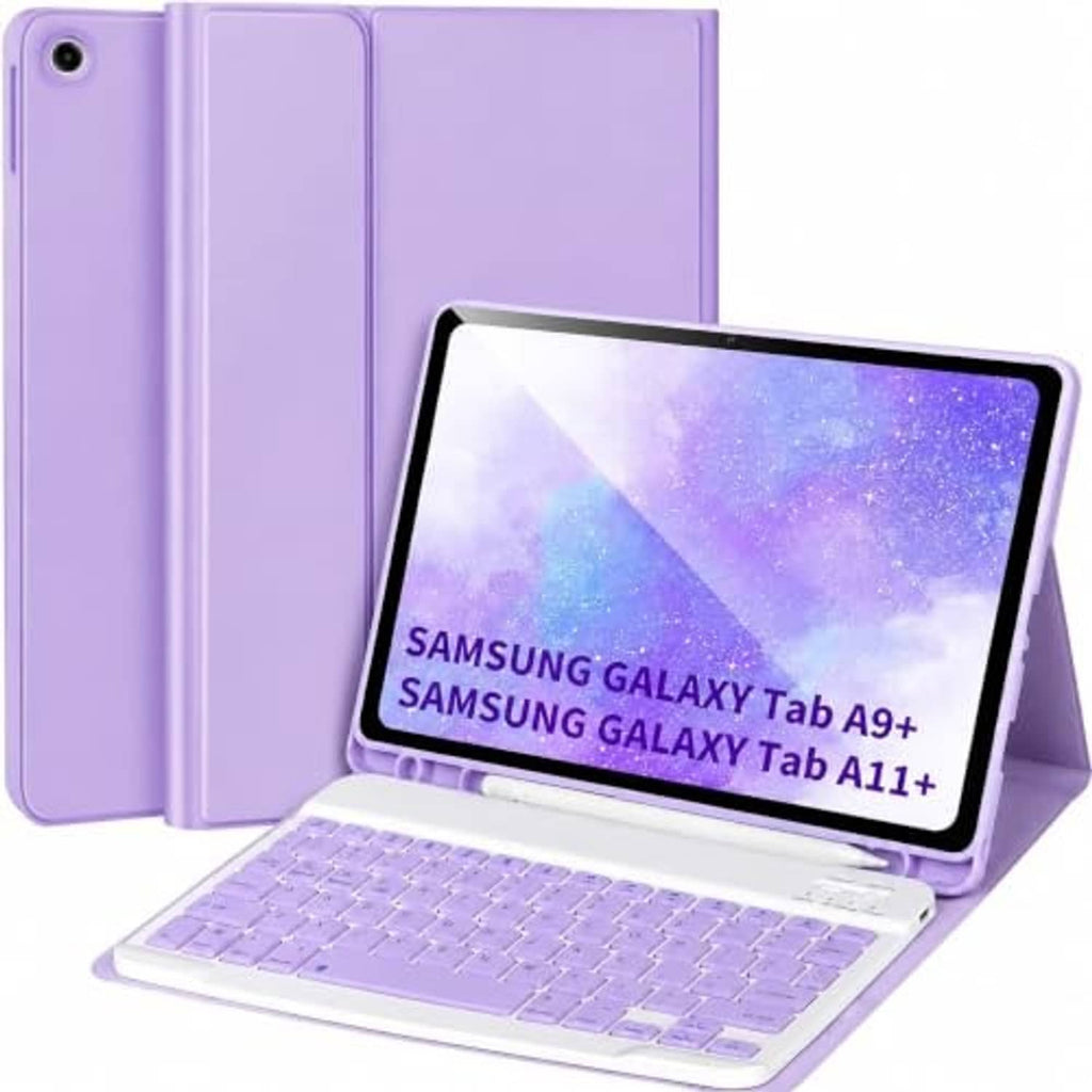 Purple folio keyboard case with detachable keyboard, tablet facing front