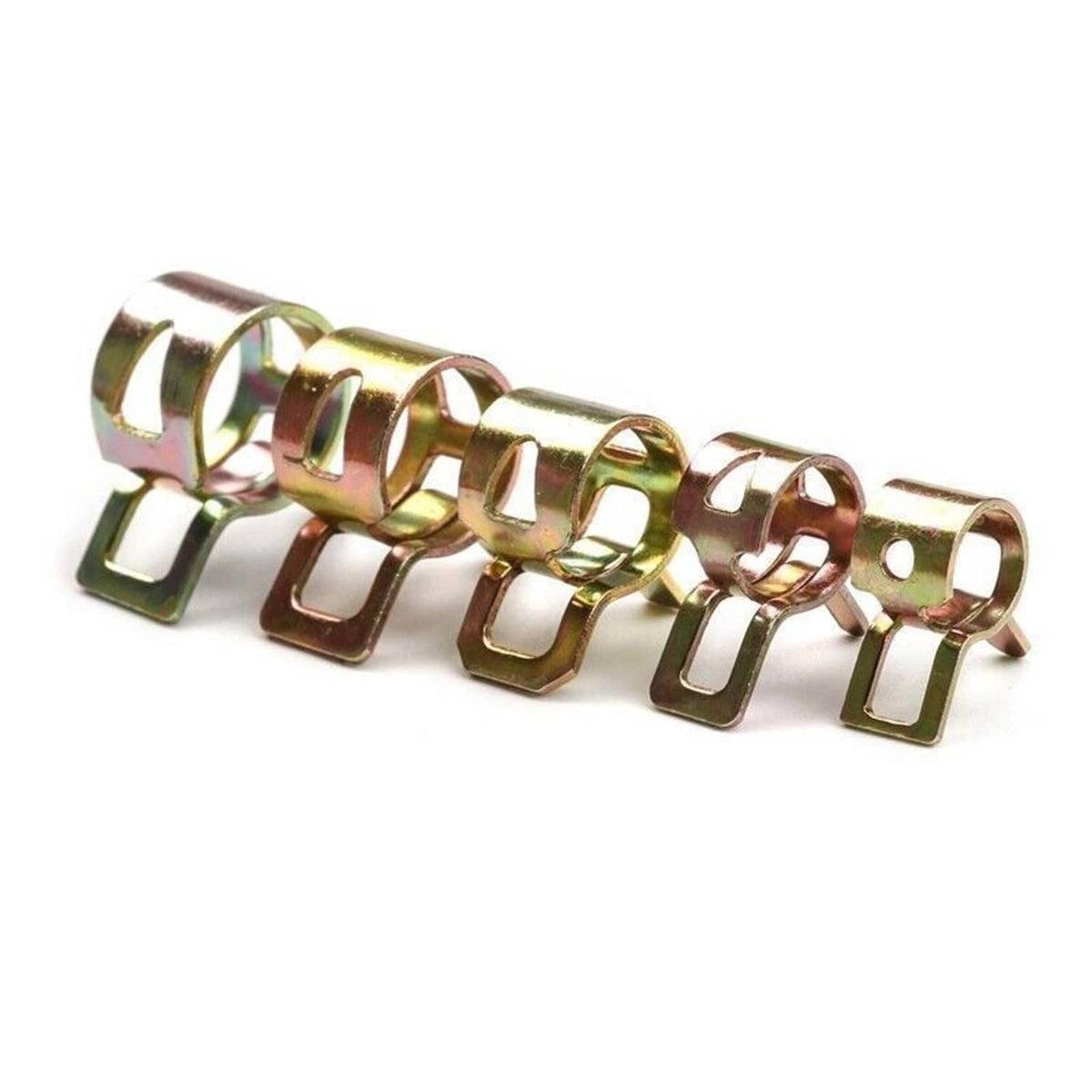 Row of spring hose clamps with iridescent zinc-plated metal finish