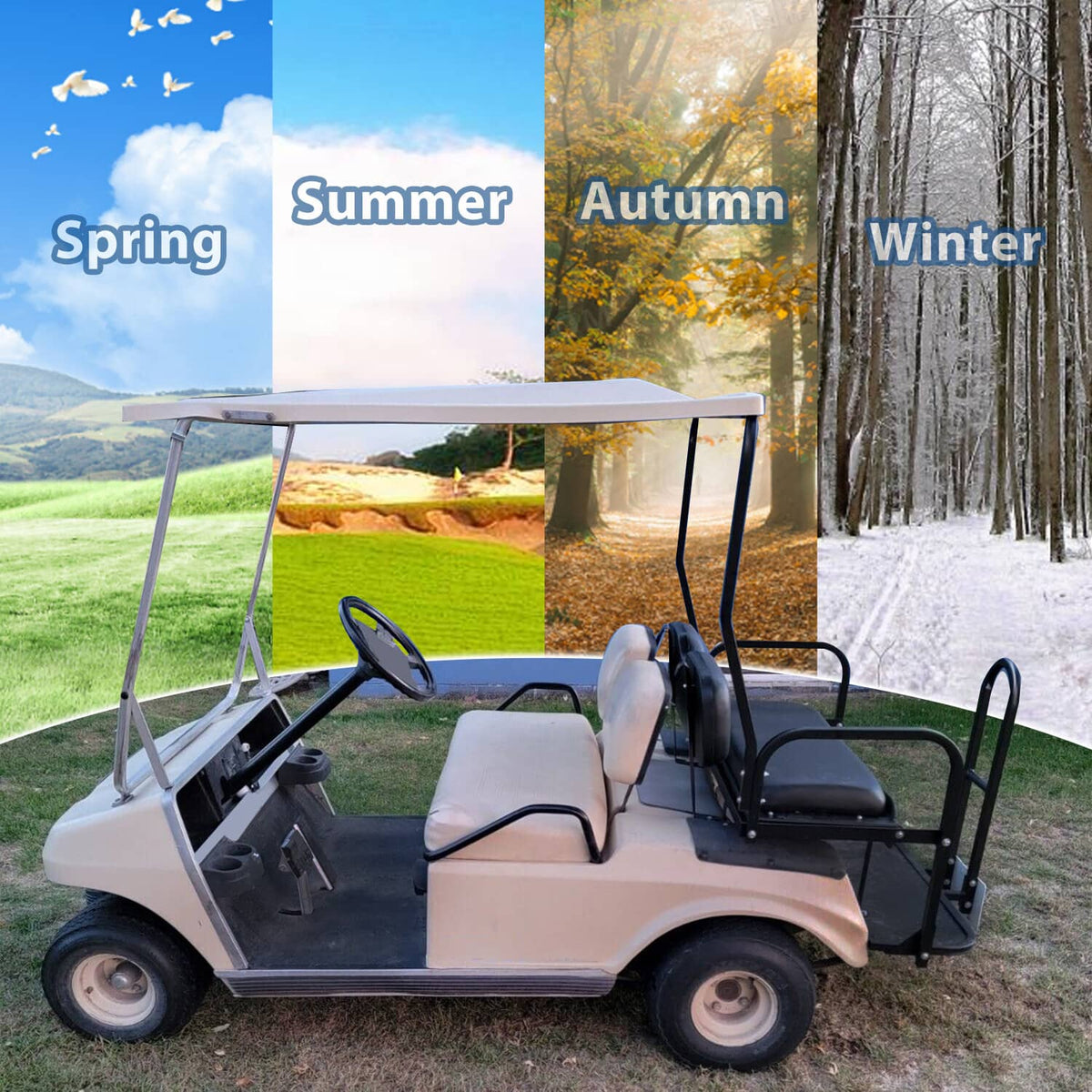 Golf cart with installed rear flip seat kit and black cushioned passenger seats