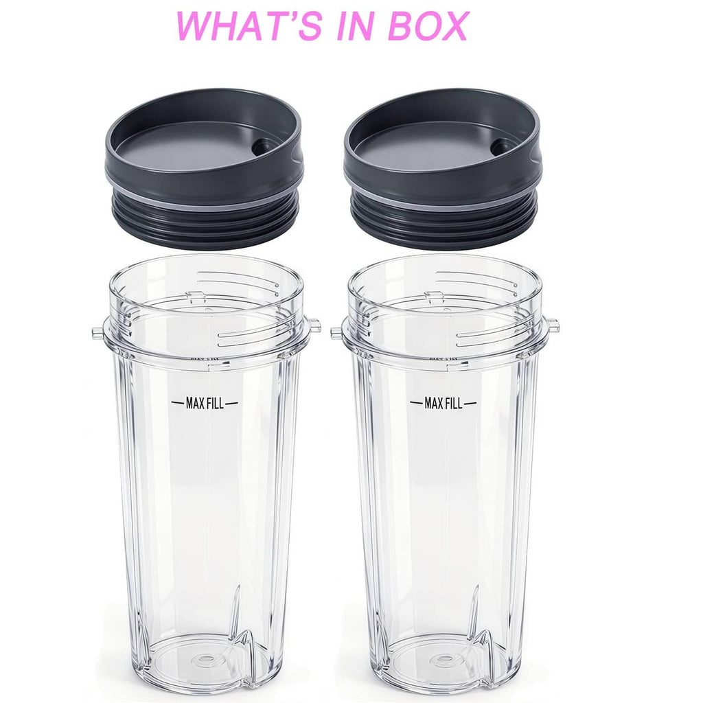 Two clear 16 oz blender cups with black lids, MAX FILL markings.