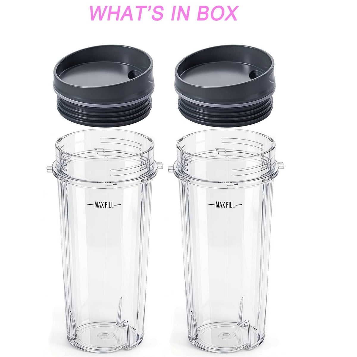 Two clear 16 oz blender cups with black lids, MAX FILL markings.