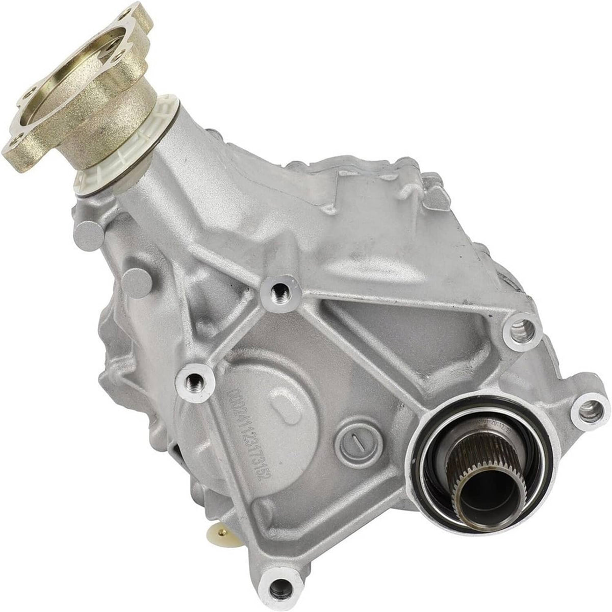 Transfer case PTO assembly with black splined output gear and silver casing