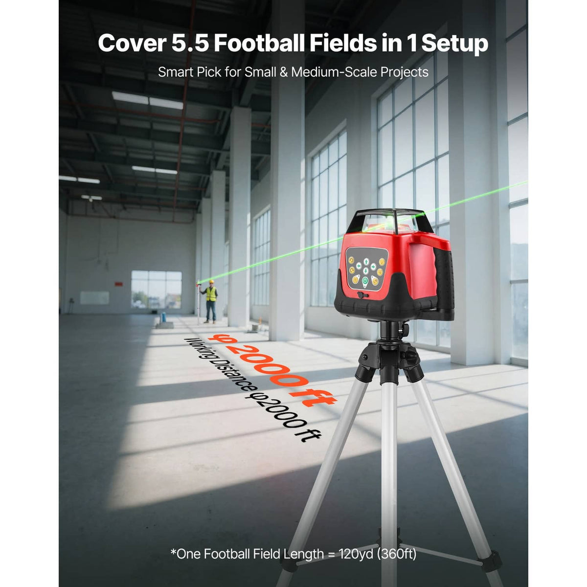 Red and black 360° self-leveling laser level on tripod with green beam line