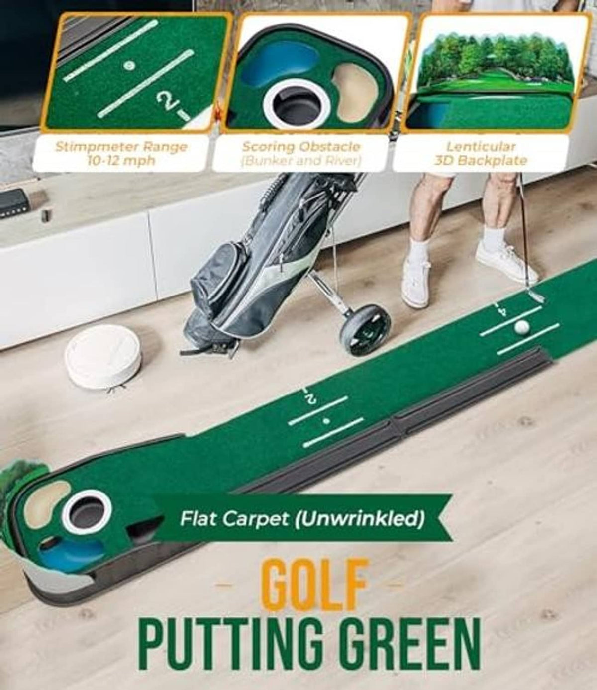 Green golf putting green mat with built-in obstacles, cups, and ball storage lane