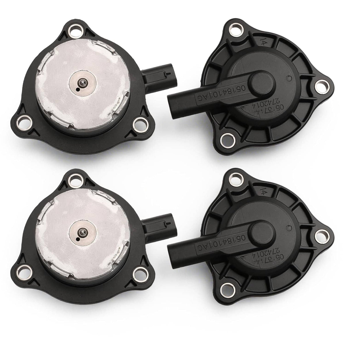 Set of four camshaft phaser actuator position sensors with black housings and metal tops