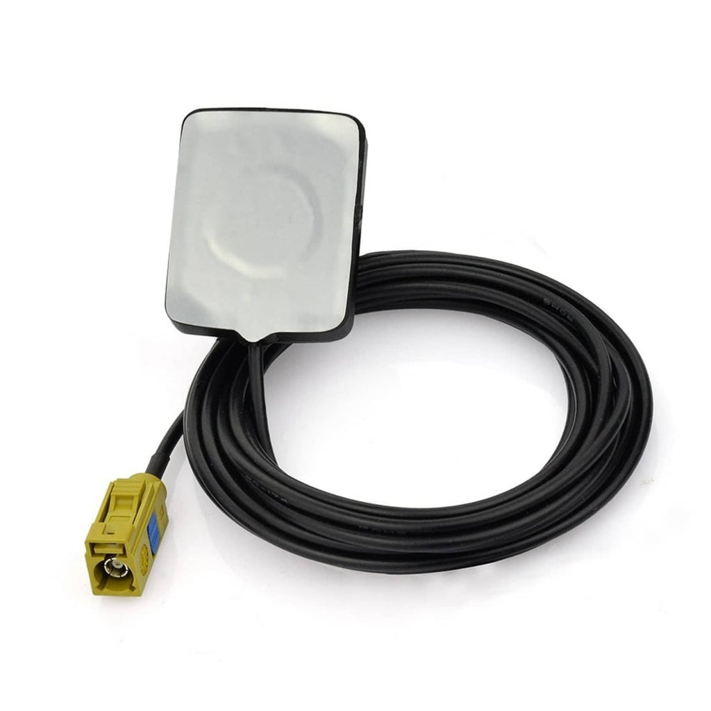 Black low-profile satellite antenna with yellow Fakra plug and black coax cable