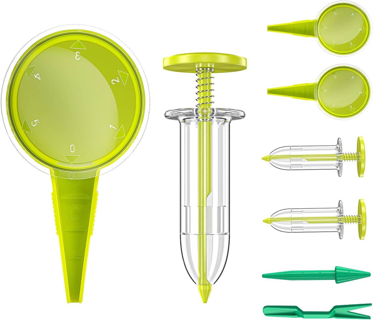 8-pack handheld seed dispenser sower tools, green funnels with clear cylinders and nozzles