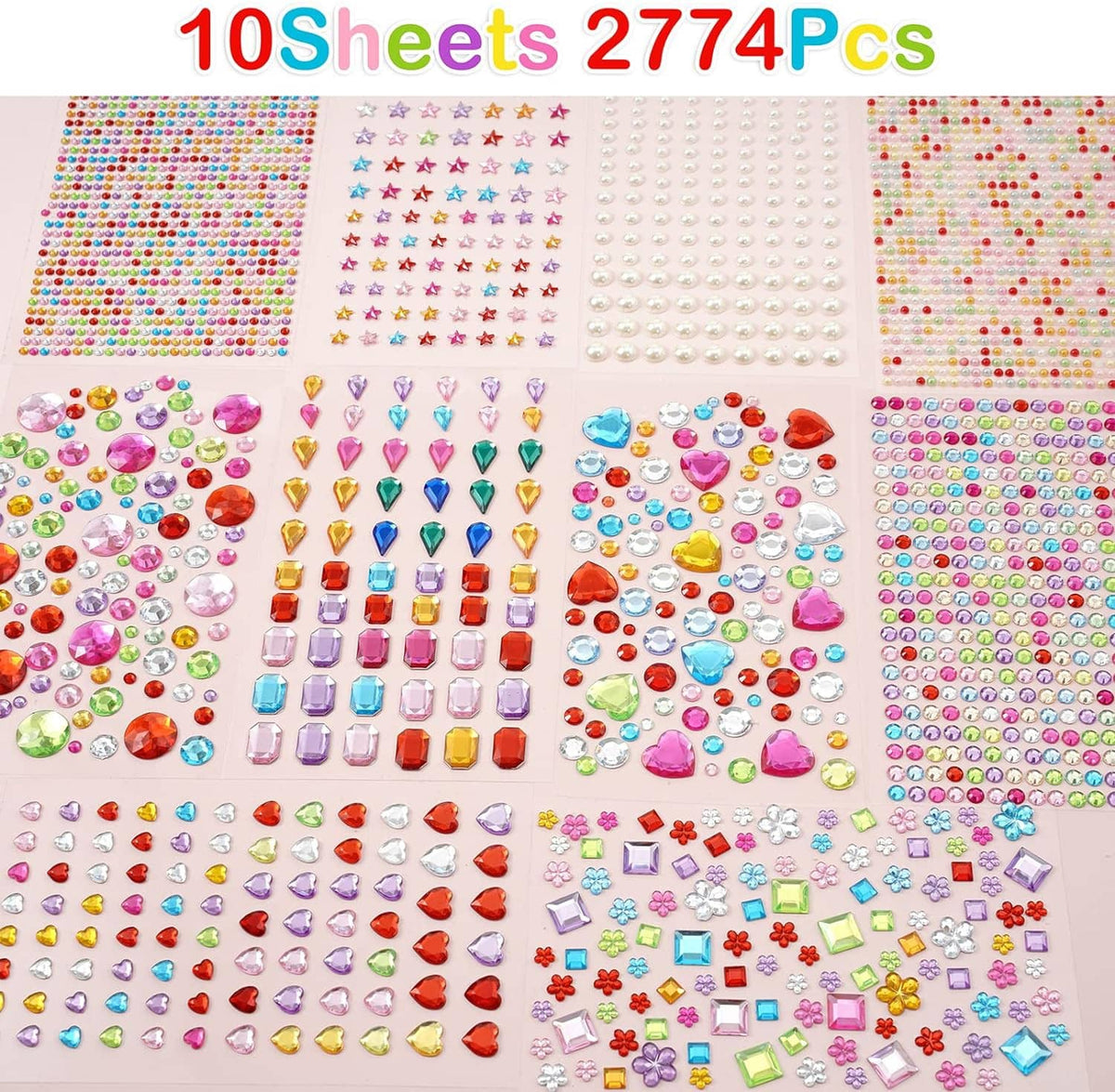 Self-adhesive rhinestone sticker sheets filled with colorful gem designs and shapes
