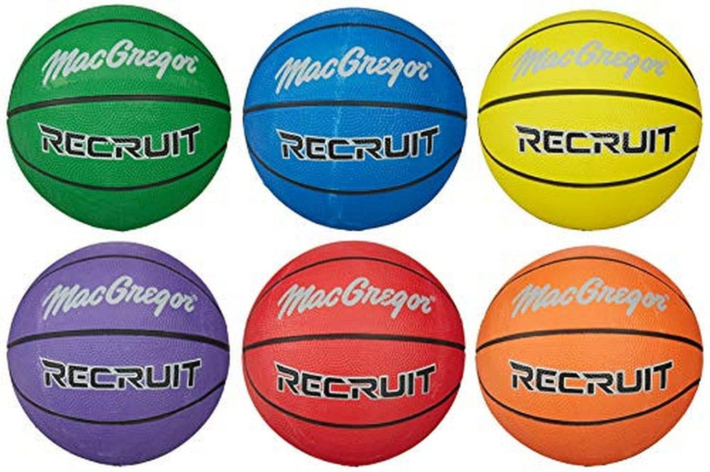 Six kids rubber Recruit basketballs in green, blue, yellow, purple, red, orange.