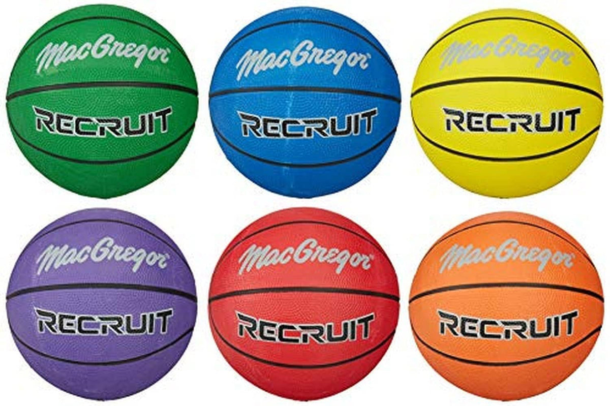 Six kids rubber Recruit basketballs in green, blue, yellow, purple, red, orange.