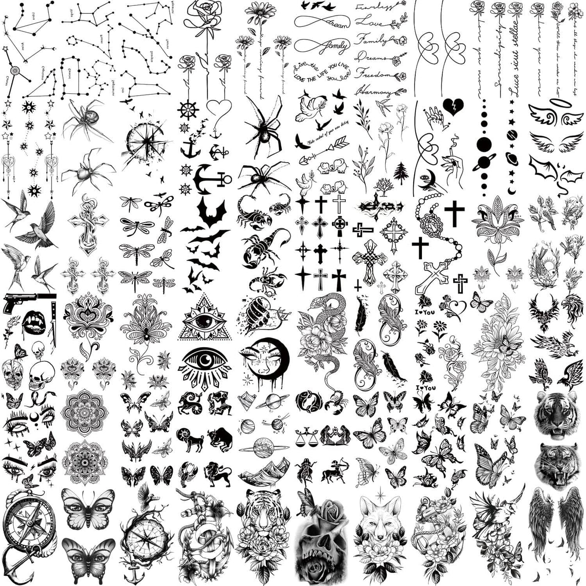 Black temporary tattoo designs sheet with butterflies, roses, animals, and crosses