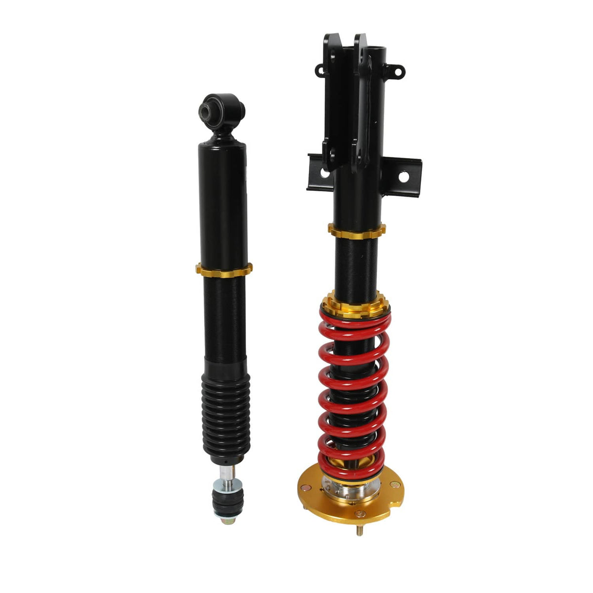 Coilover strut pair with black shocks, red springs, and gold spring seats