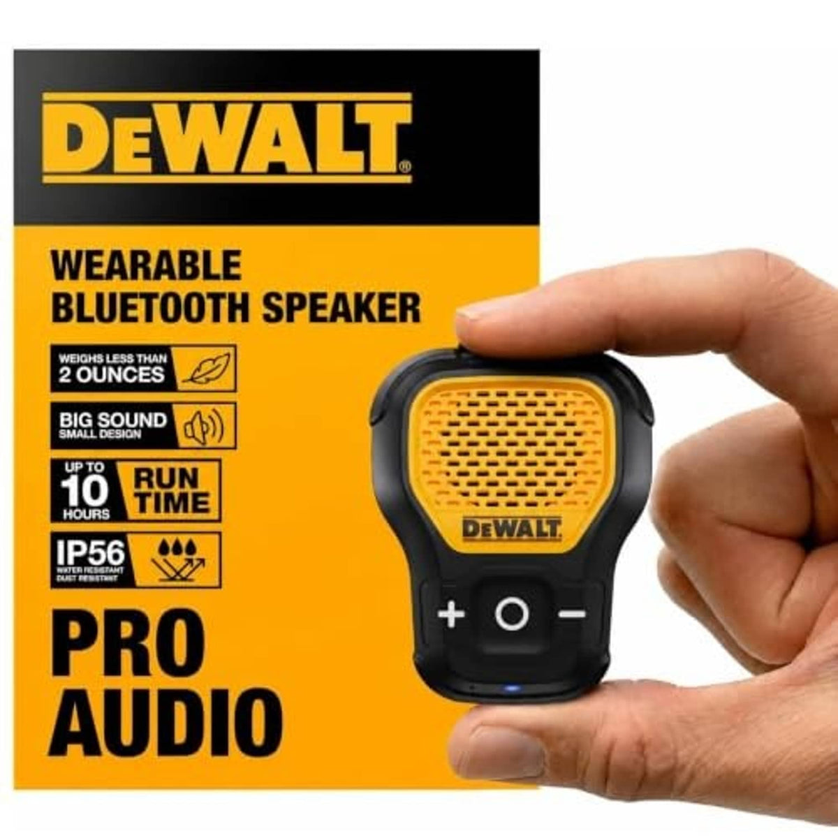 Yellow and black wearable Bluetooth speaker shown in retail packaging and hand