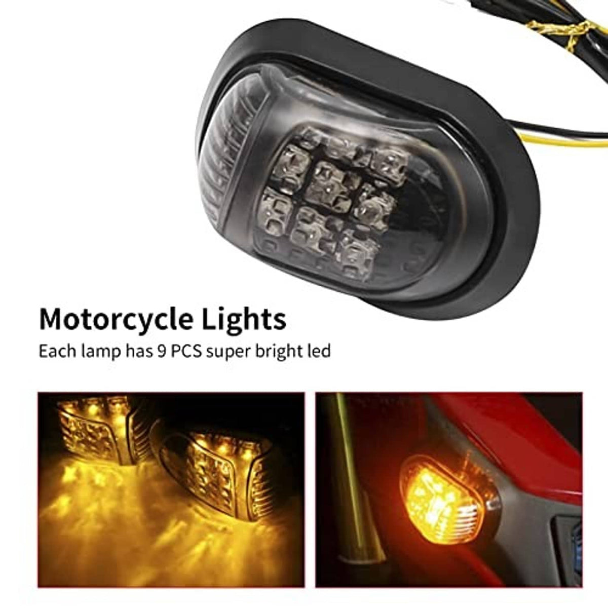 Single amber LED motorcycle turn signal with black oval bezel and clear lens panel
