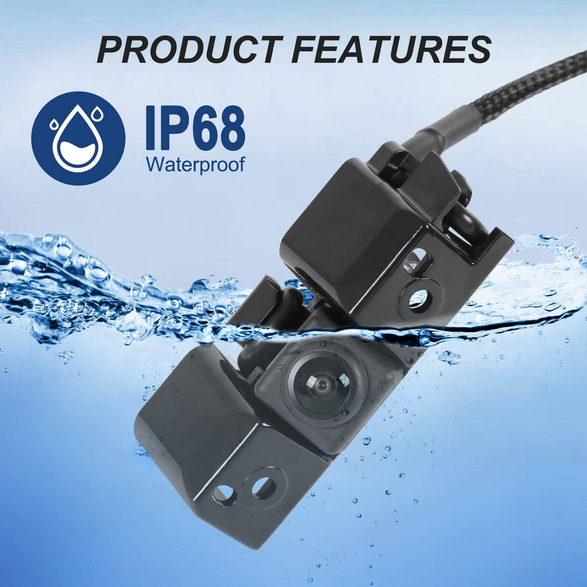 Car backup camera with black housing, mounting plate, and attached wiring harness