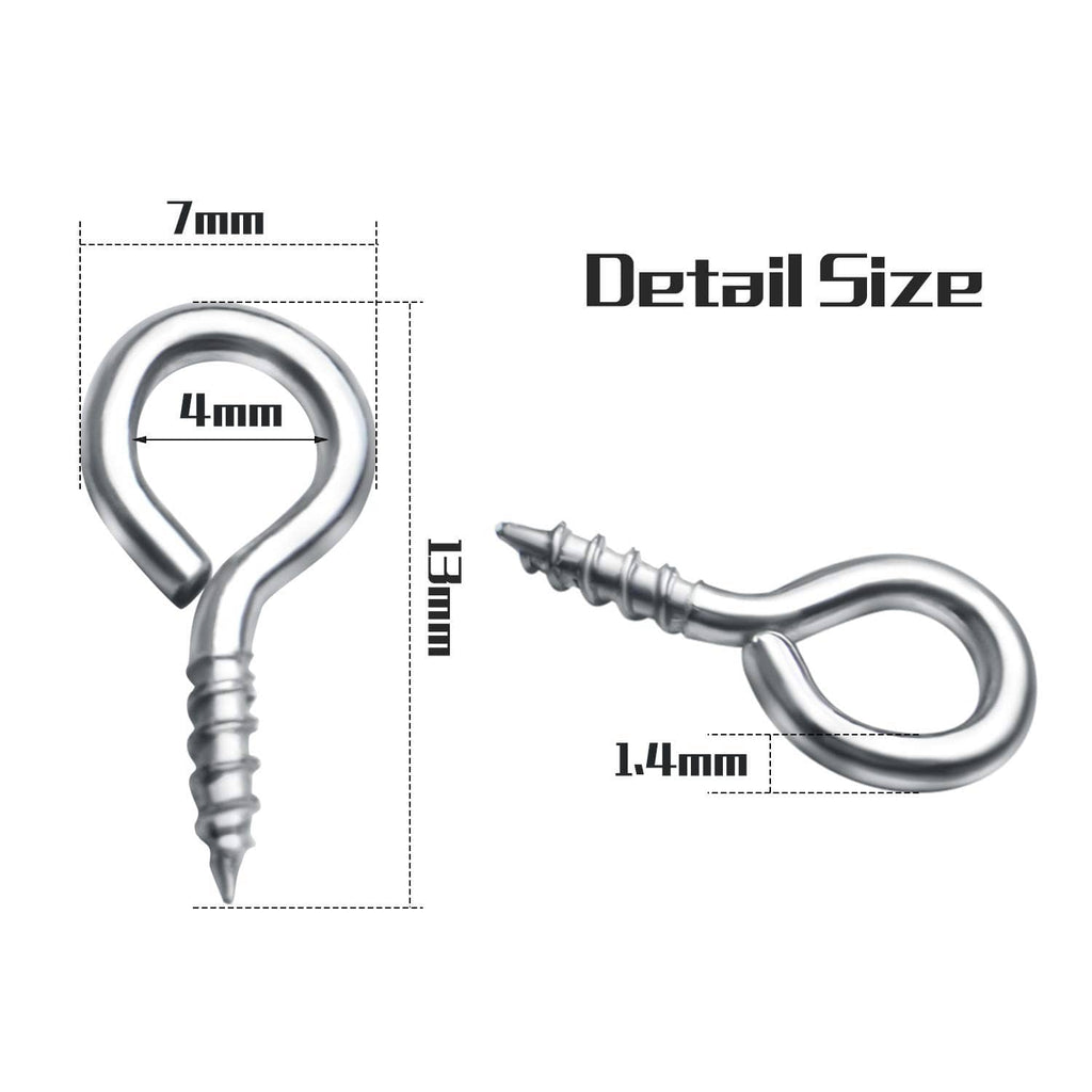 Small silver eye screw hook with looped eye and threaded post, shown with size markings