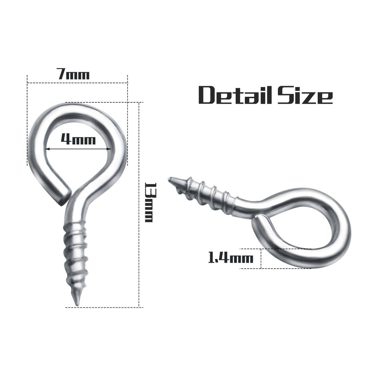Small silver eye screw hook with looped eye and threaded post, shown with size markings