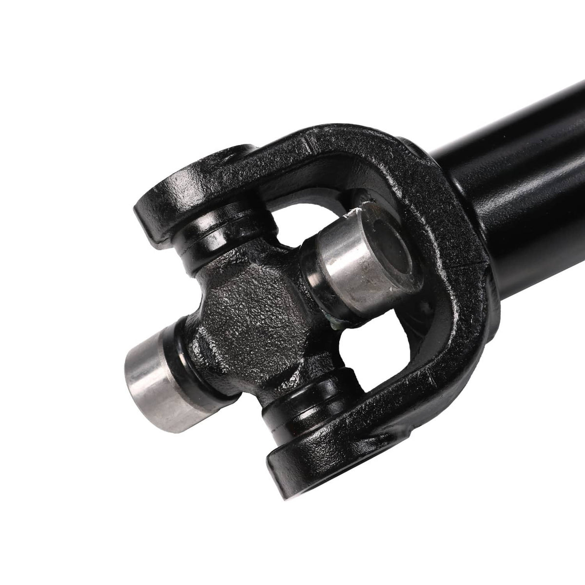Front drive shaft assembly U-joint yoke detail, black housing with silver bearing caps