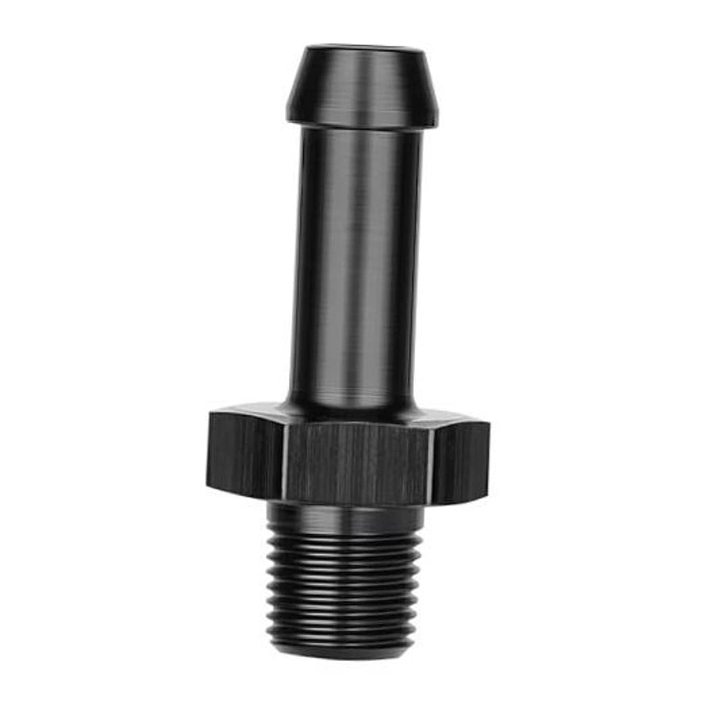 Black straight adapter fitting with 1/8 NPT male threads and 5/16 barbed end