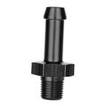 Black straight adapter fitting with 1/8 NPT male threads and 5/16 barbed end