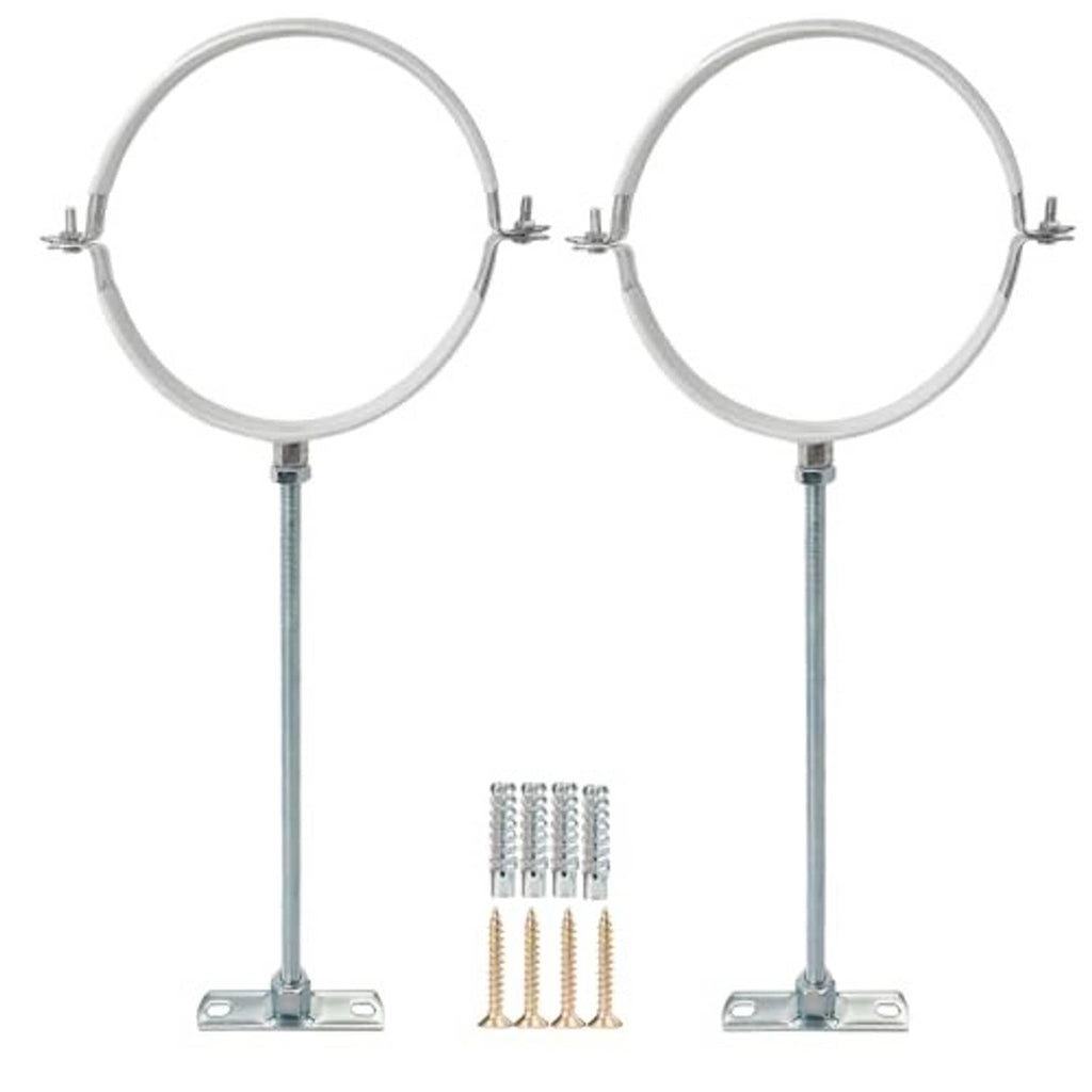 Two galvanized pipe bracket supports with circular clamps, threaded rods, and included hardware
