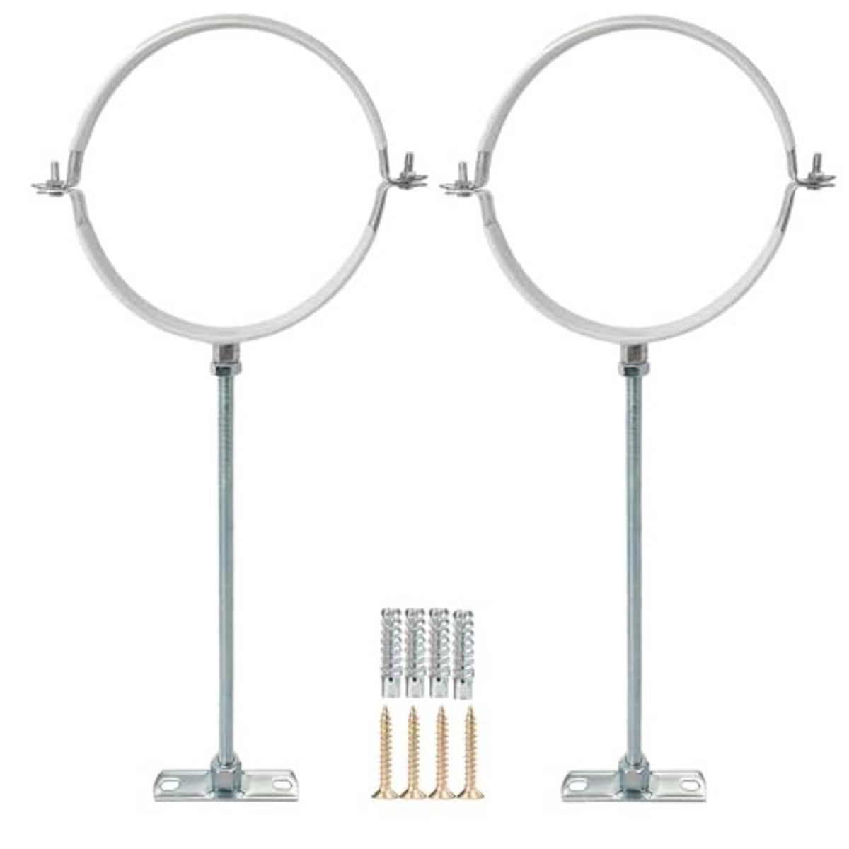 Two galvanized pipe bracket supports with circular clamps, threaded rods, and included hardware