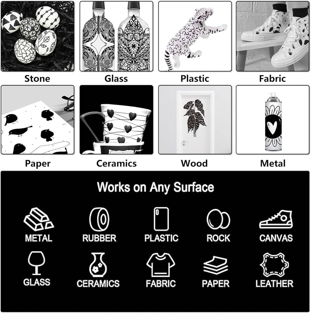 Acrylic paint markers with dual tips shown alongside surface compatibility icons