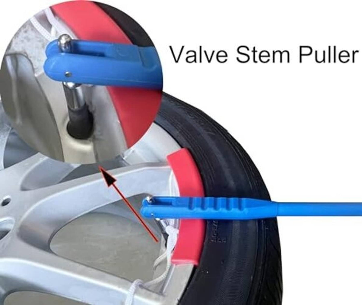 Valve stem puller tool in blue on wheel rim, for removing valve stems