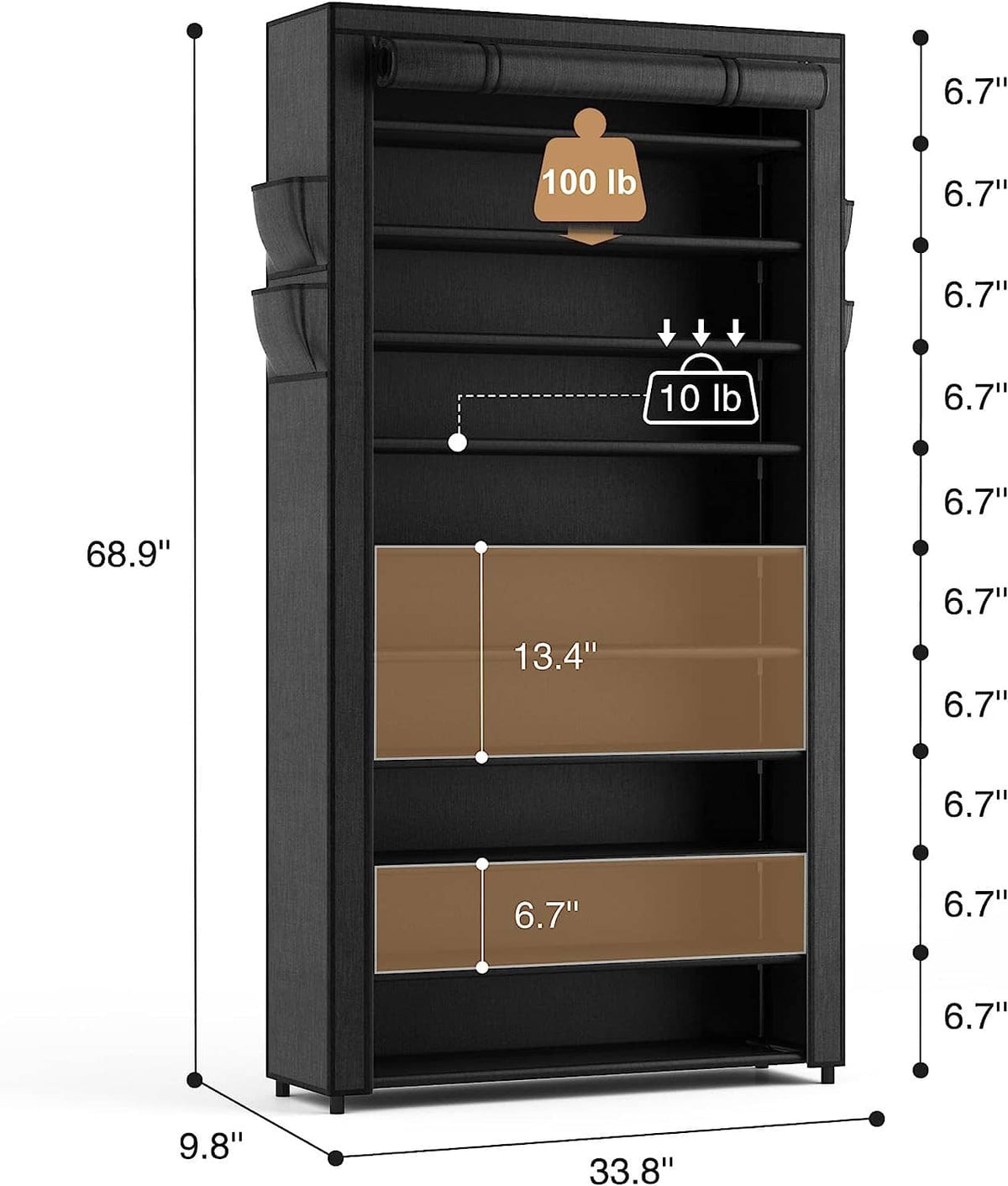 Black 10-tier shoe cabinet with compartment sizes and overall height shown