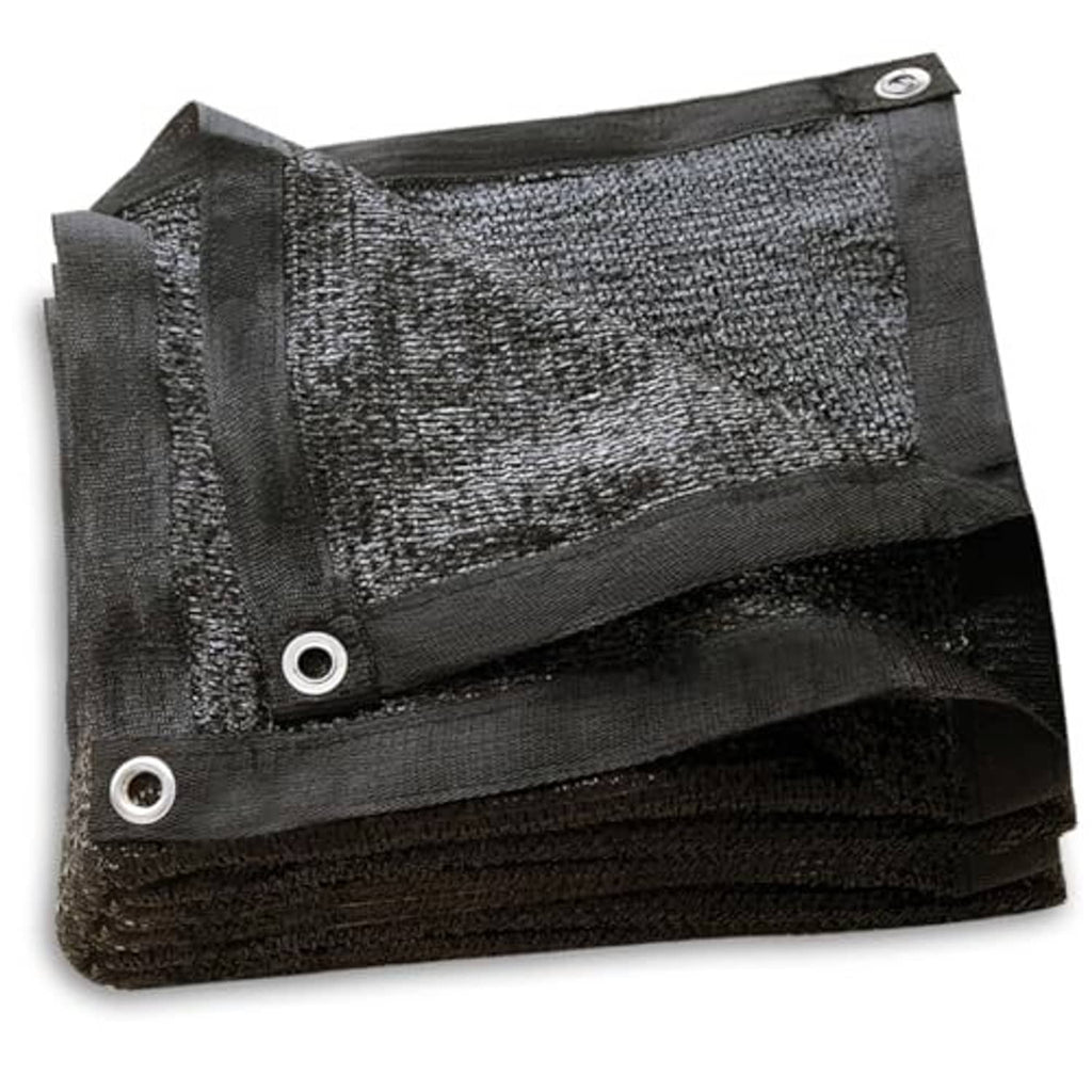 Stacked dark gray mesh sun shade cloth with reinforced edge and metal grommets