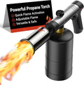 Black and silver propane torch with one-touch igniter, safety lock, and flame outlet