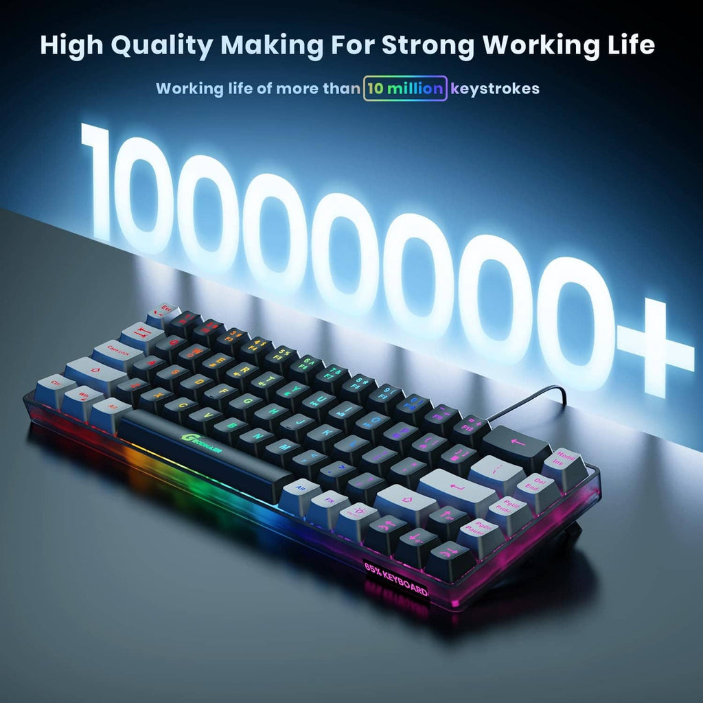 Compact wired keyboard with bright RGB light effects and colorful backlit keys.