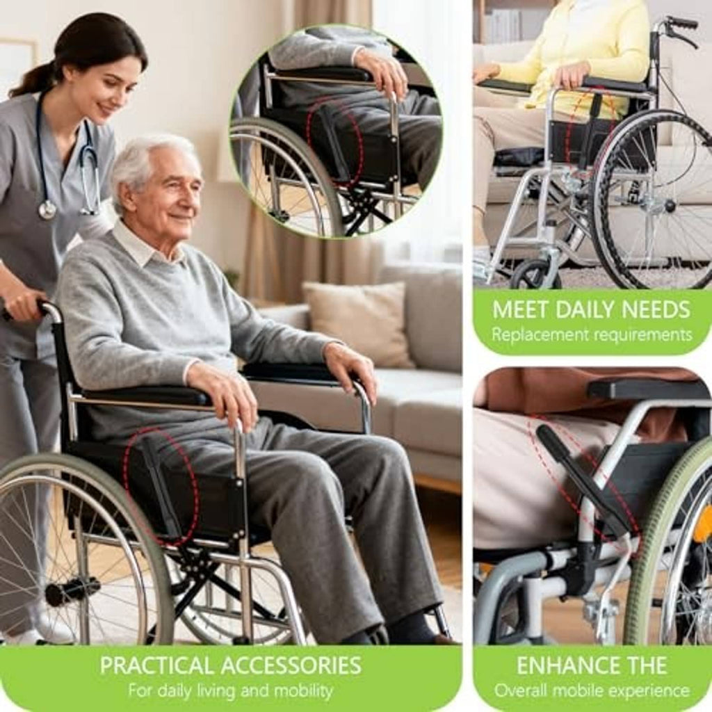 Black wheelchair brake extender rods on wheelchair for daily mobility