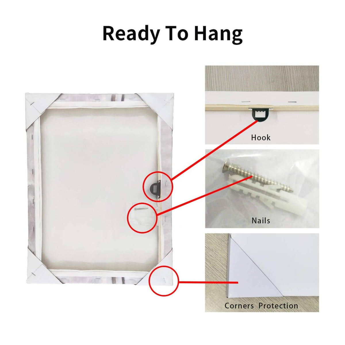 Ready-to-hang canvas print with corner protection, hook, and nails included