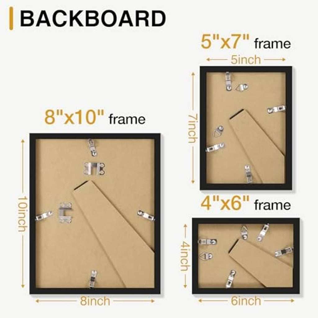 Black photo frame set with backing and hanging clips for 8x10, 8x10, 5x7, 4x6
