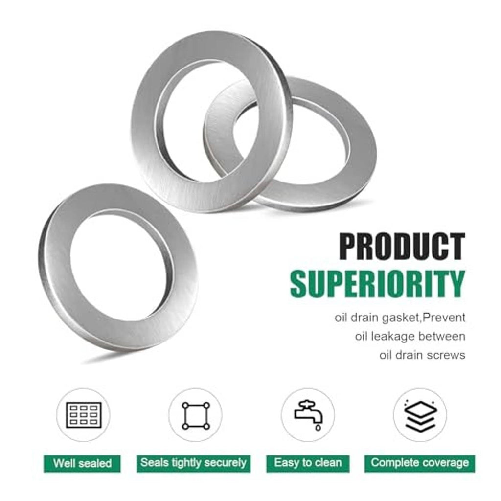 Silver oil drain plug crush washers with seal-quality icons