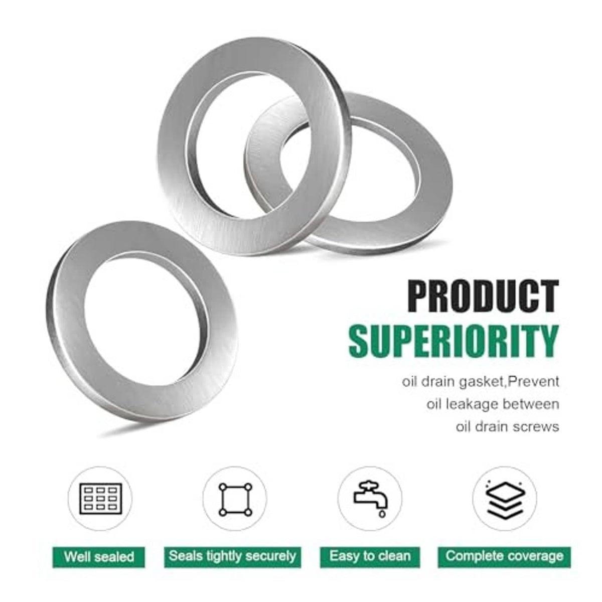 Silver oil drain plug crush washers with seal-quality icons