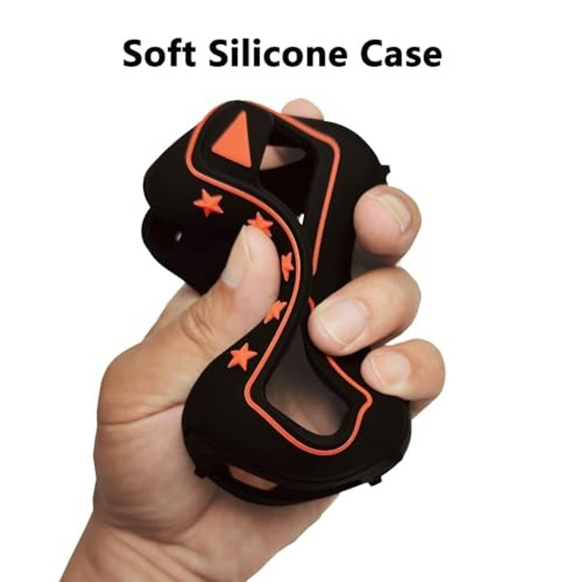 Black silicone speaker cover case with orange outline, flexible cutouts, star icons.