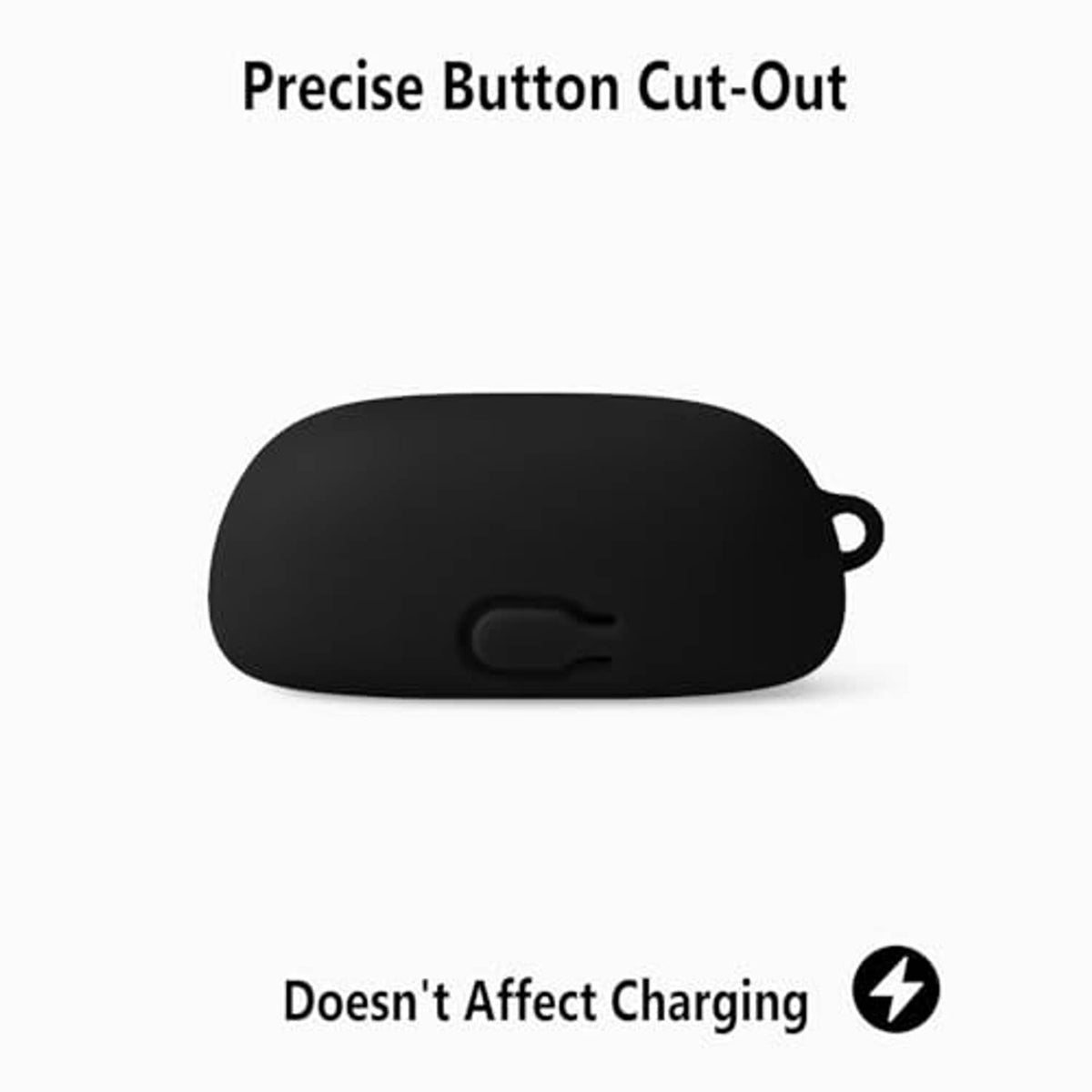 Black silicone earbuds case with button cut-out, low-profile protective cover.