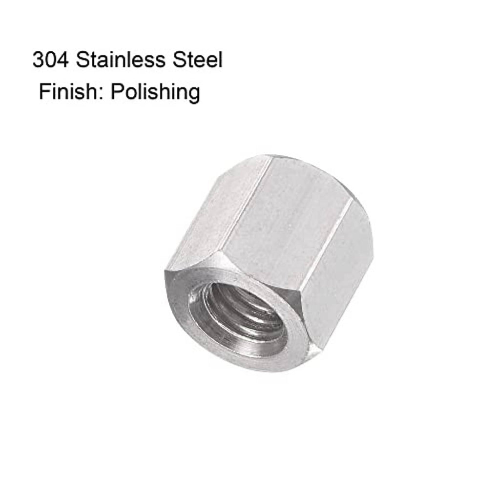 304 stainless steel hex coupling nut, polished finish, M6 internal threads, 10mm