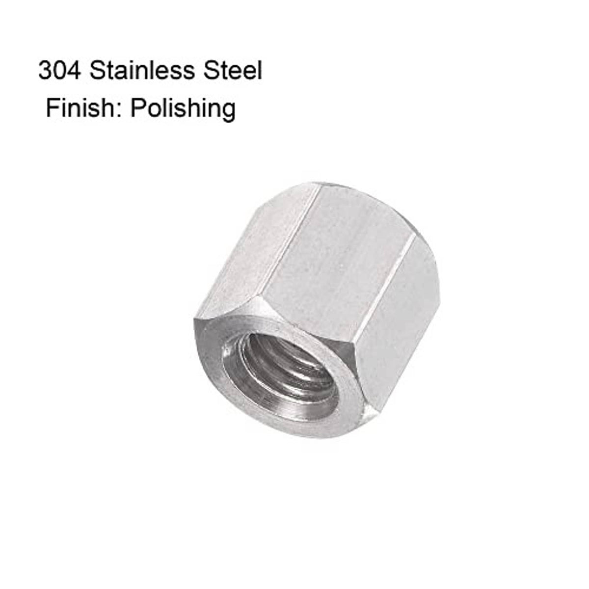 304 stainless steel hex coupling nut, polished finish, M6 internal threads, 10mm