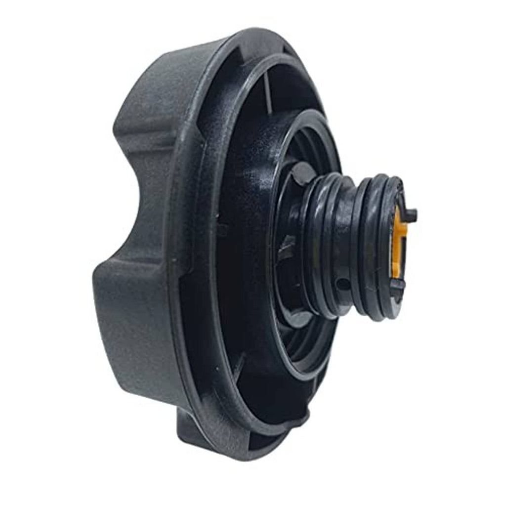 Expansion tank cap with dark grey housing and visible threaded outlet connection