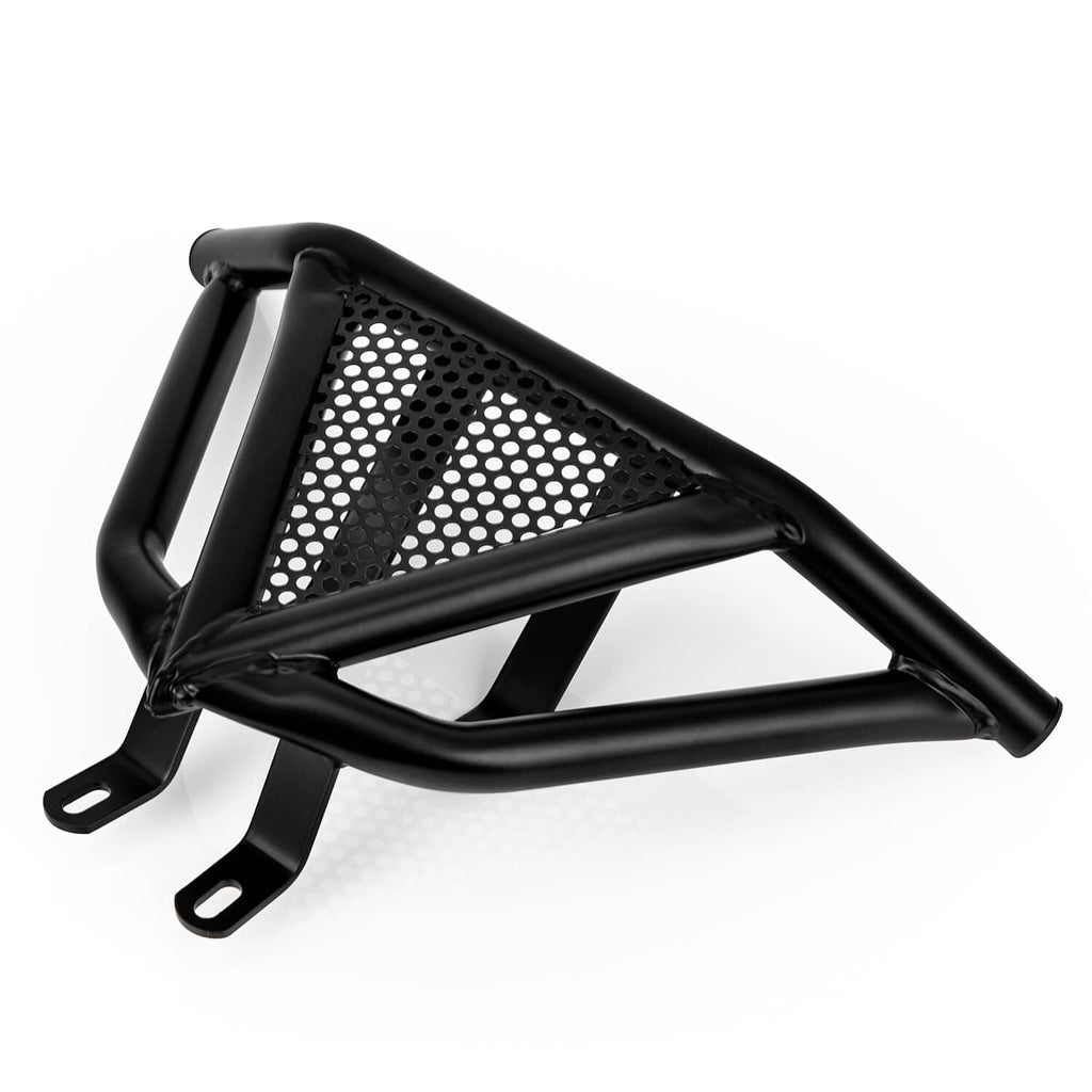 Black front bumper guard with mesh panel and grab bar, curved steel frame