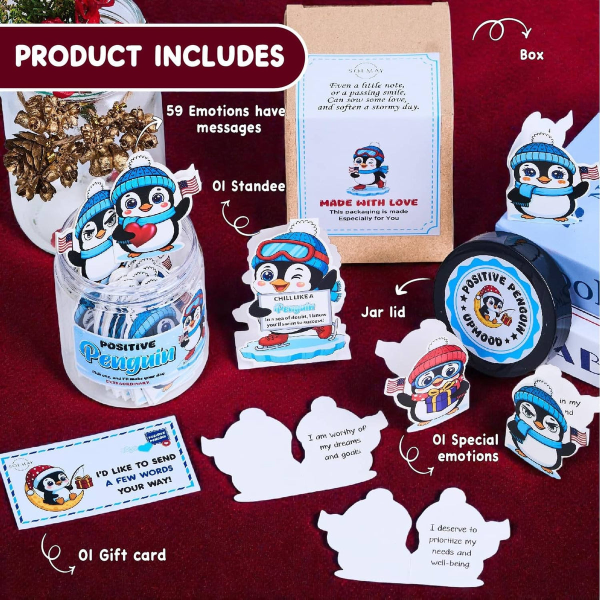Affirmation card jar with penguin cutouts and included gift card in box
