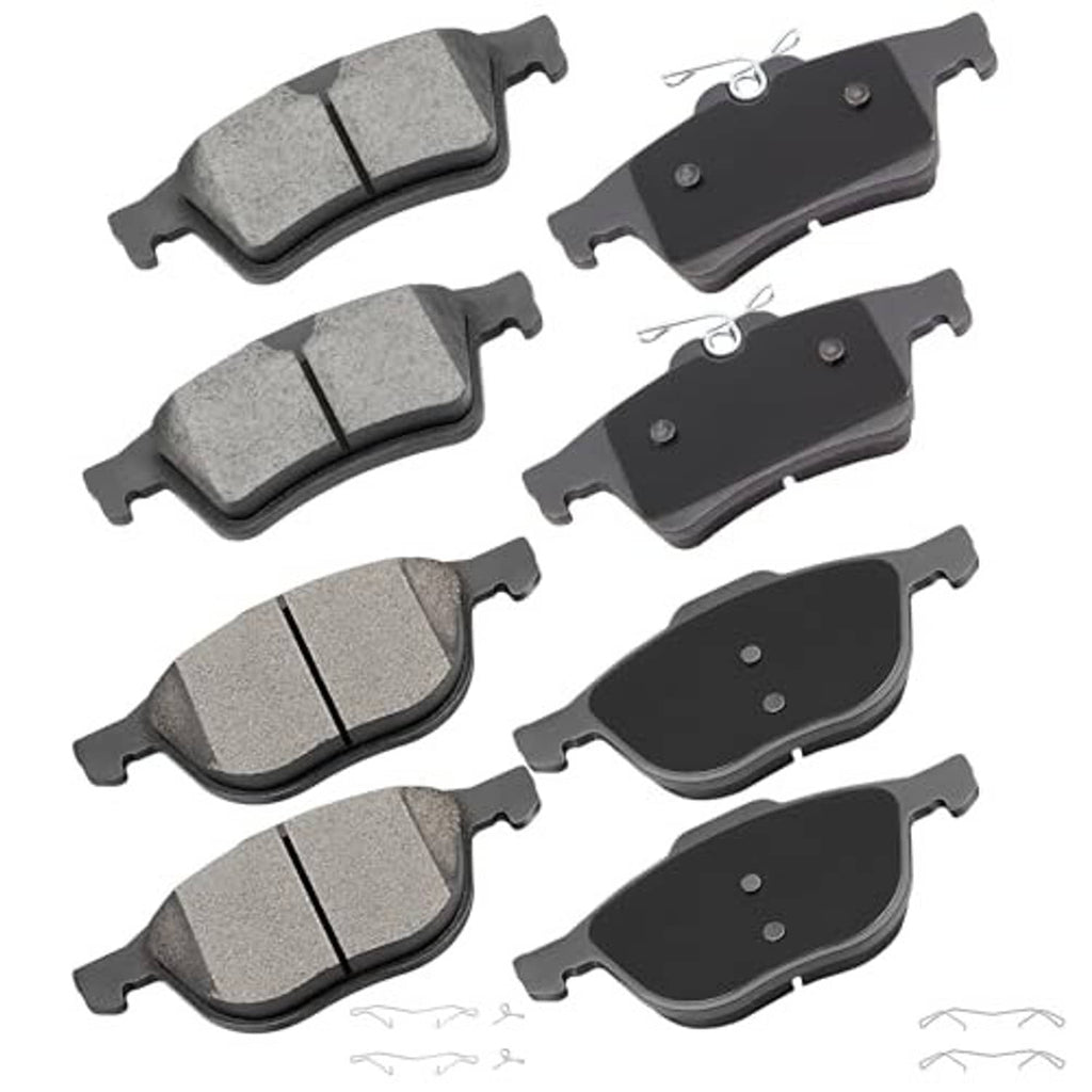 Ceramic brake pads set with gray friction pads and black backing plates, eight-piece kit