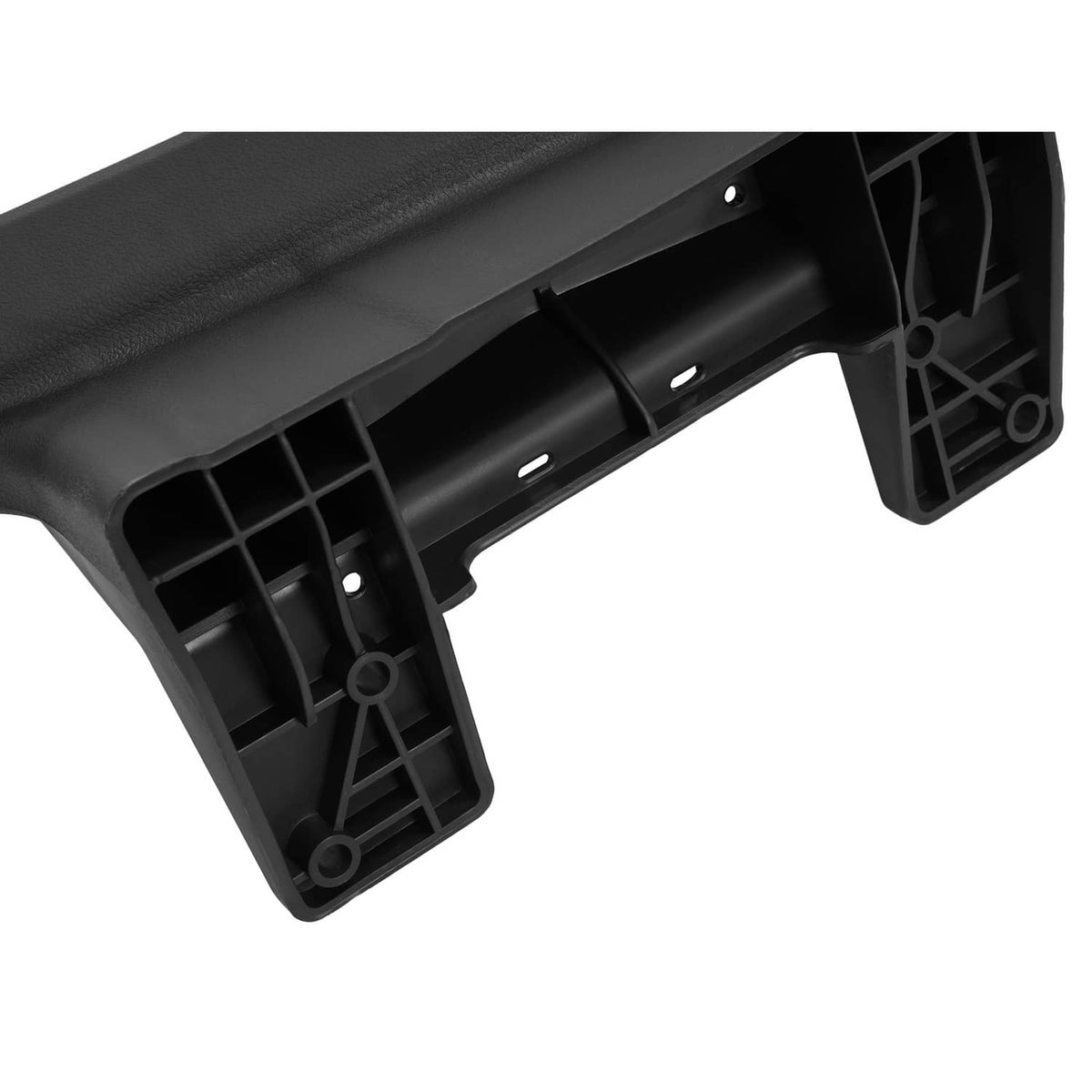 Black hip restraint bracket underside view with interior ribs and corner mounting post.