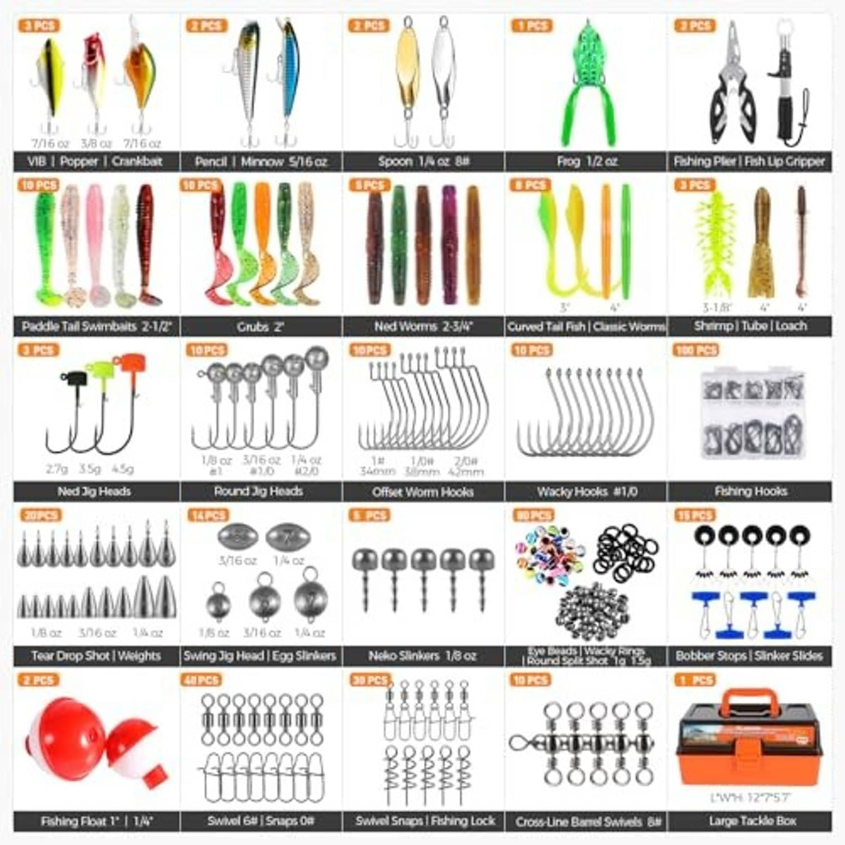 Assorted fishing lures, hooks, and weights arranged, showing complete tackle kit pieces
