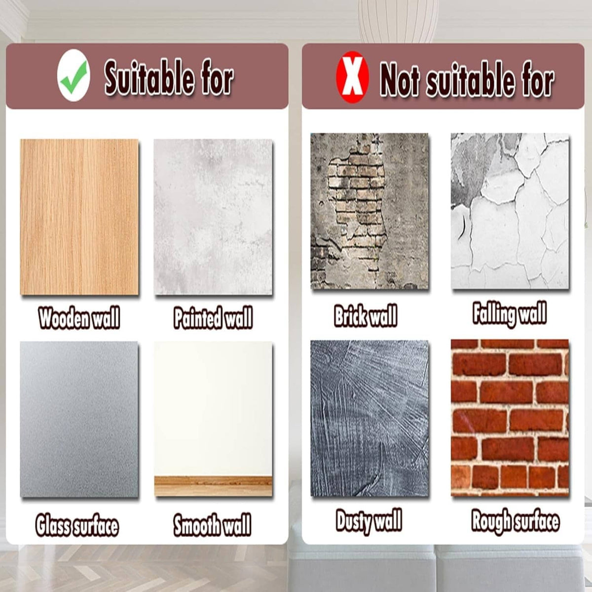 Acrylic mirror tiles for smooth walls; not suitable for rough brick or dusty walls