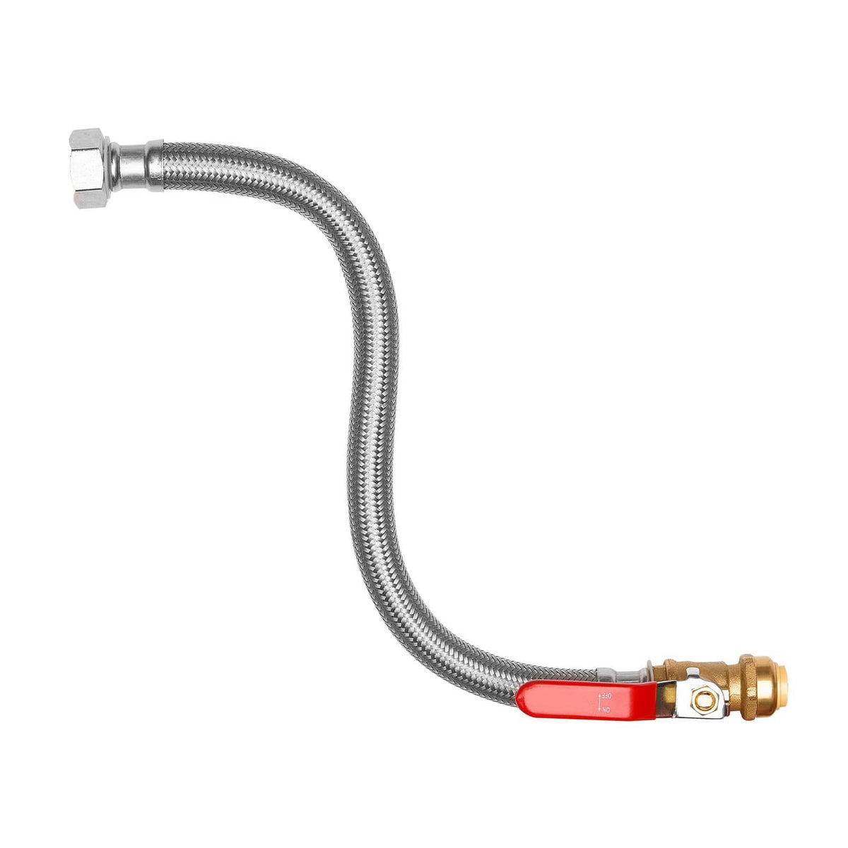 Water heater kit: curved braided hose with brass push-fit fittings and red handle valve