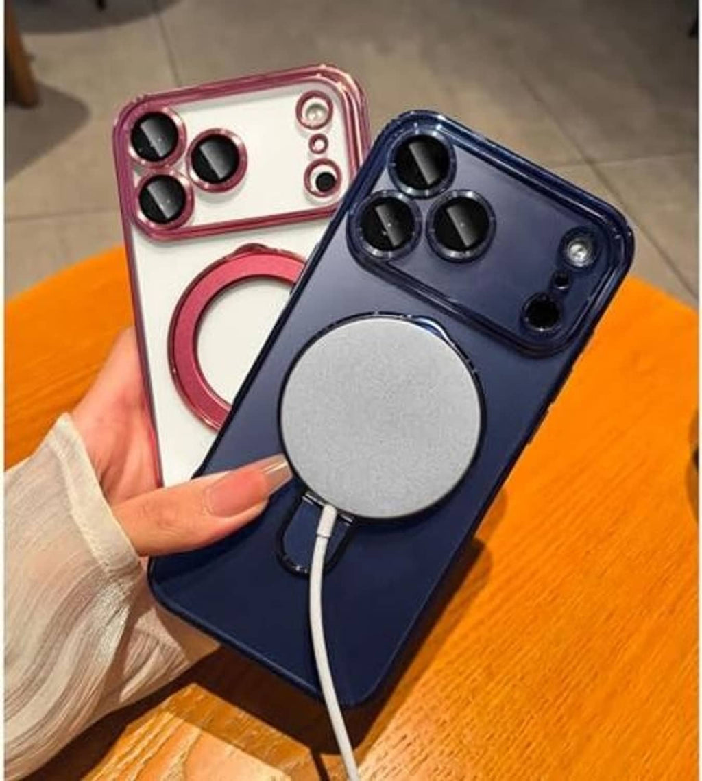 Navy magnetic phone case with ring holder, paired with a pink case